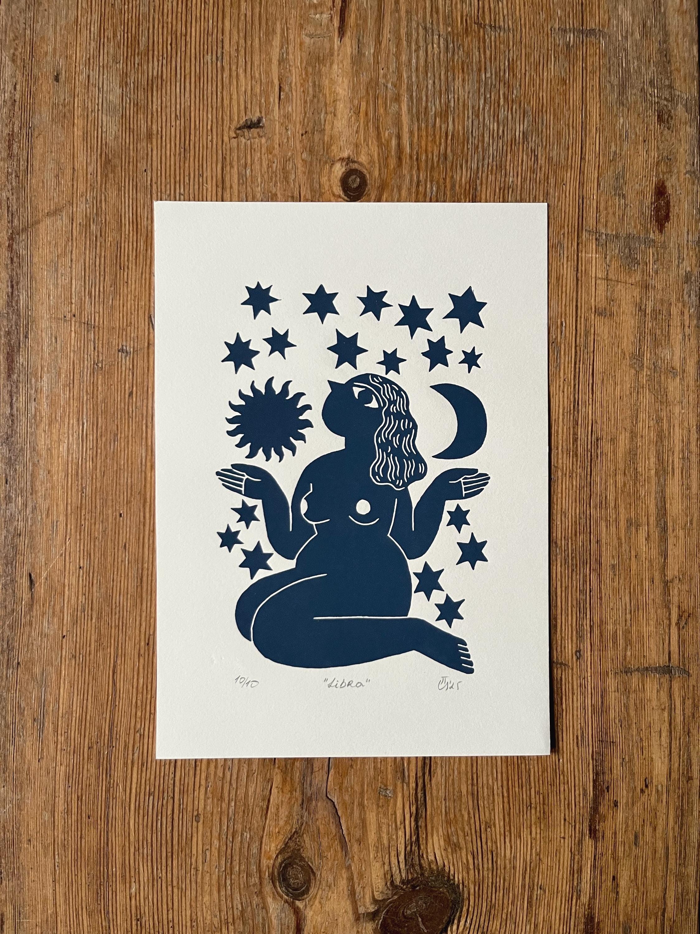 Hand carved original linocut print “Zodiac Sign. Libra”