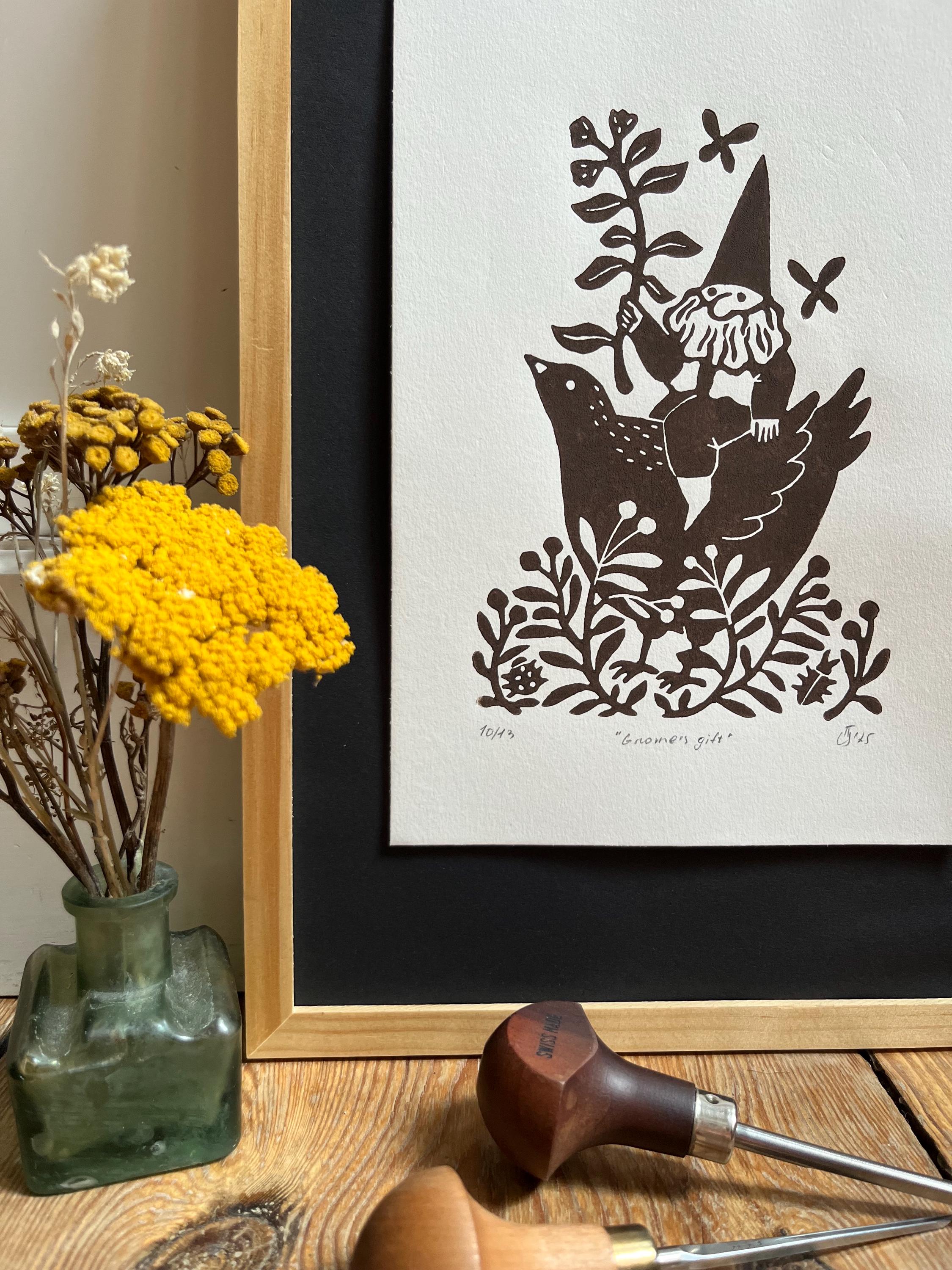 Limited edition hand-carved linocut print “Gnome with Flower”