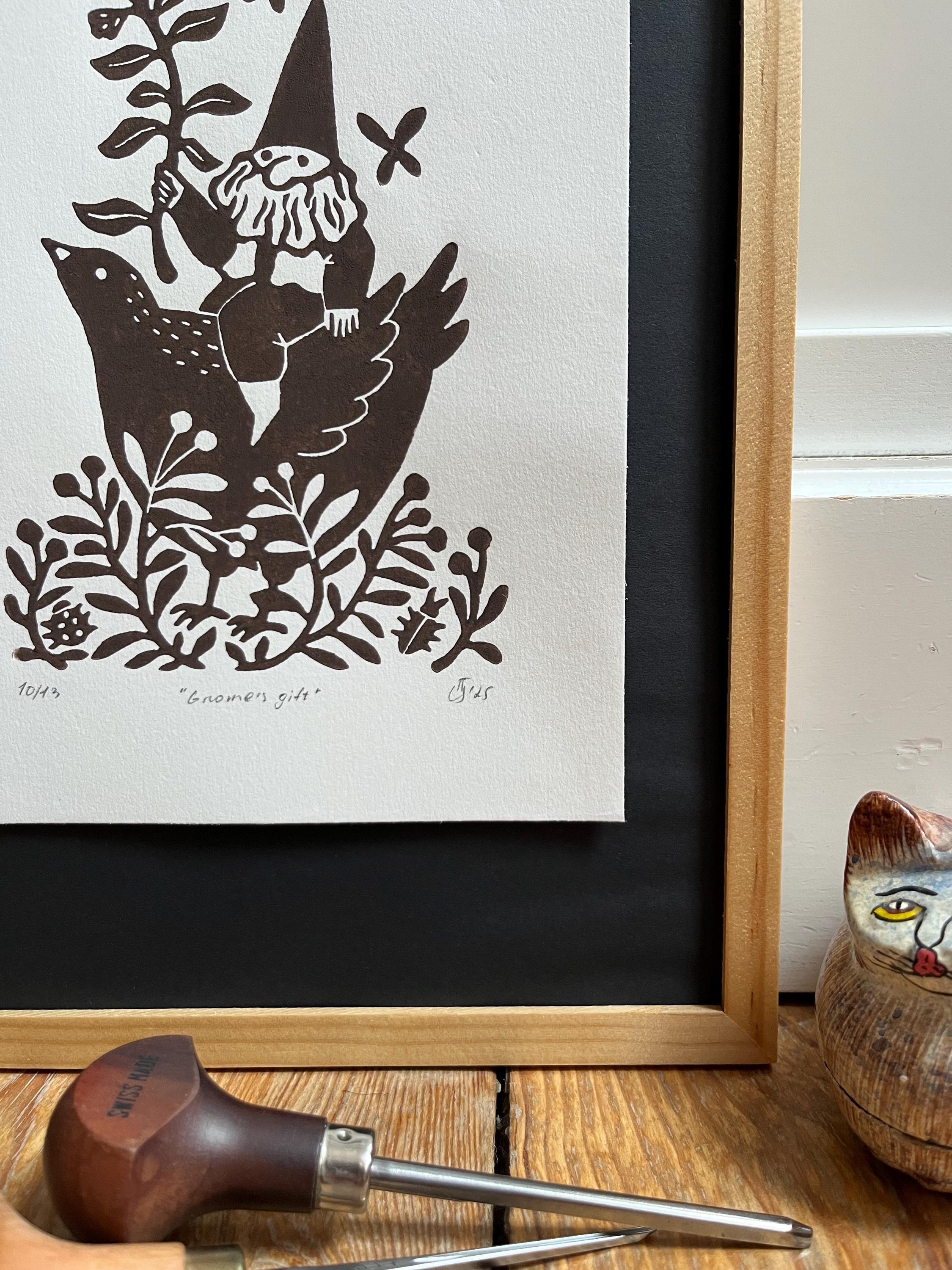 Limited edition hand-carved linocut print “Gnome with Flower”