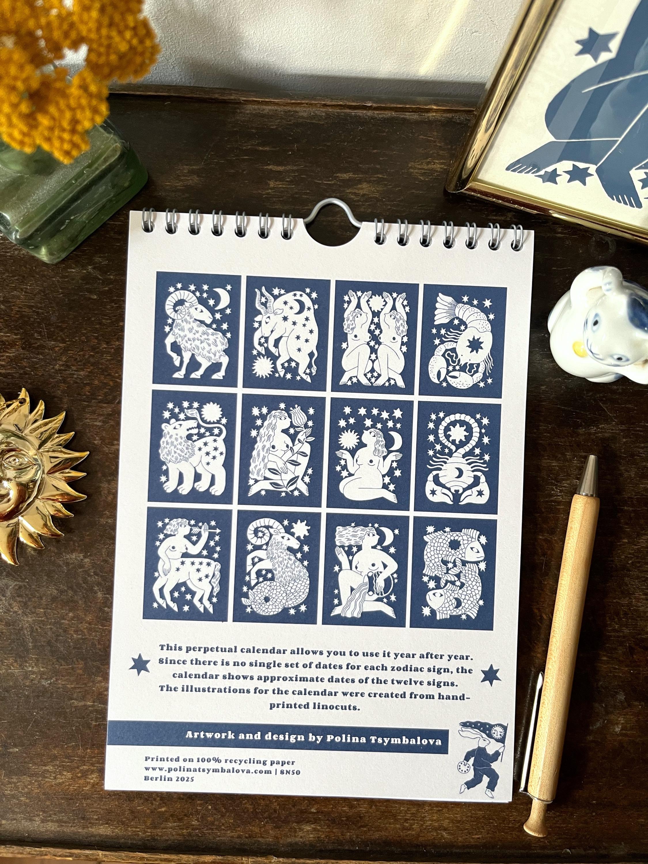 Zodiac sign perpetual calendar illustrated with linocuts