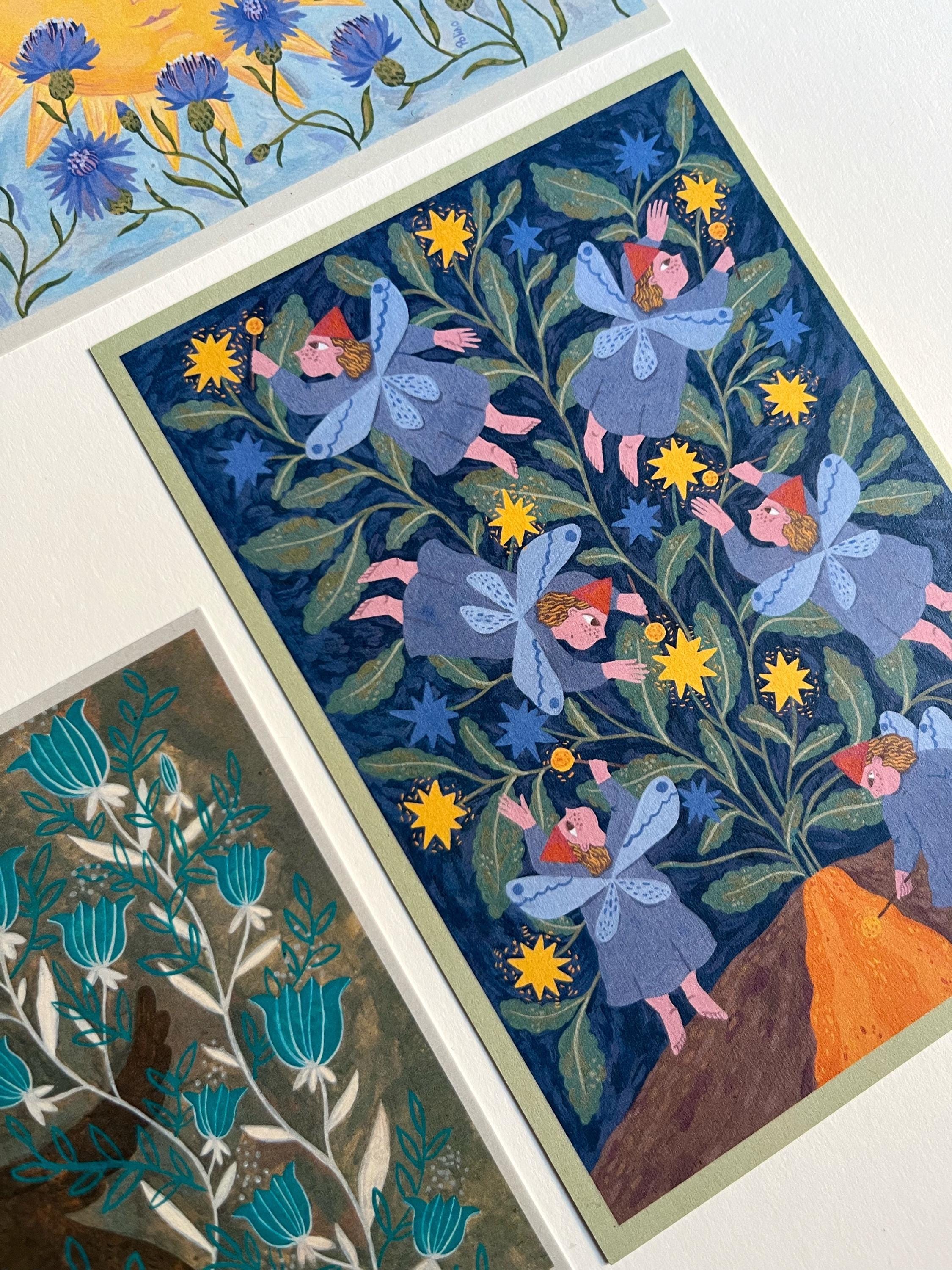 Postcard set. Fairytales and folk art. Gouache painting. Recycling paper