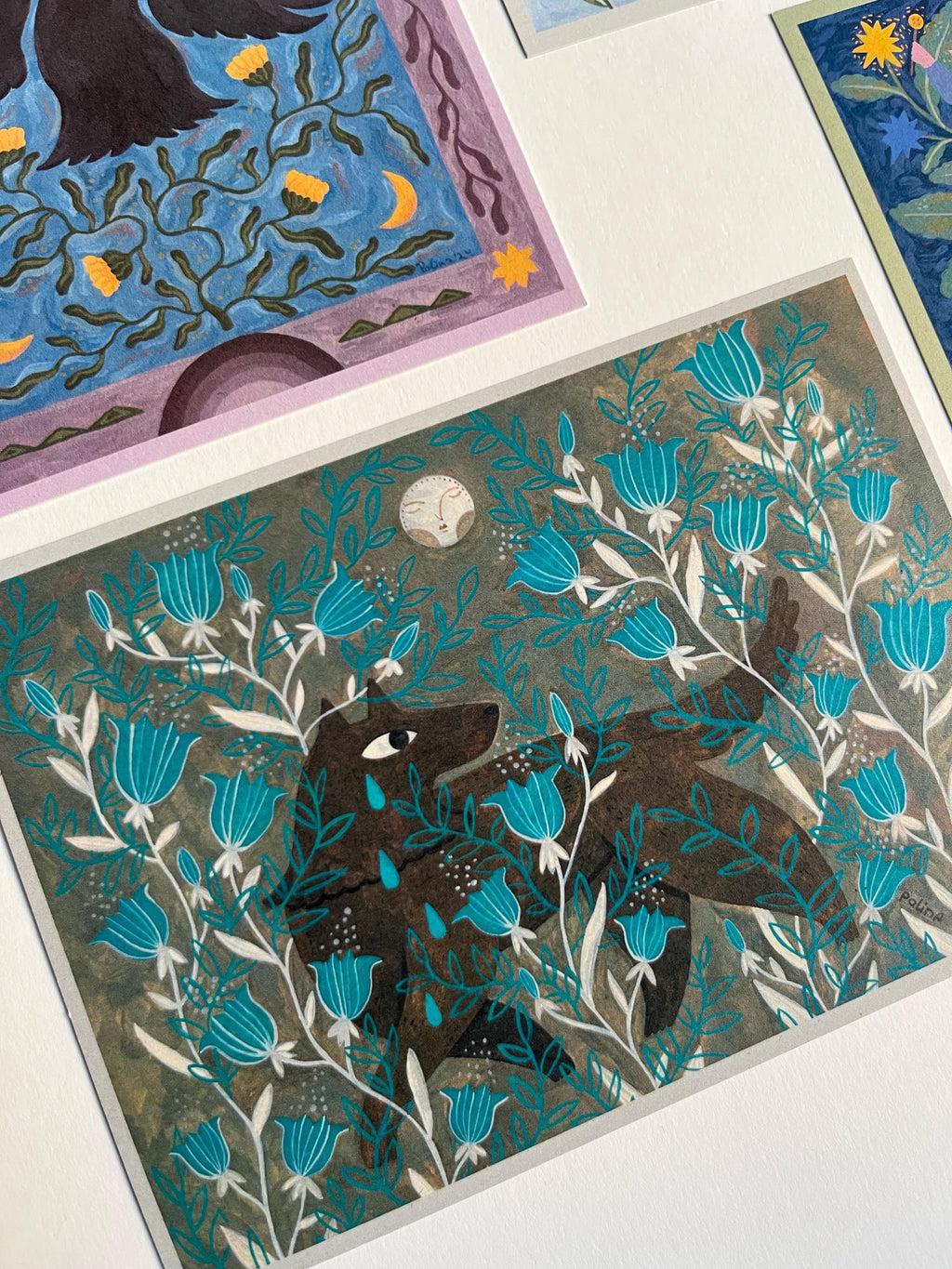 Postcard set. Fairytales and folk art. Gouache painting. Recycling paper