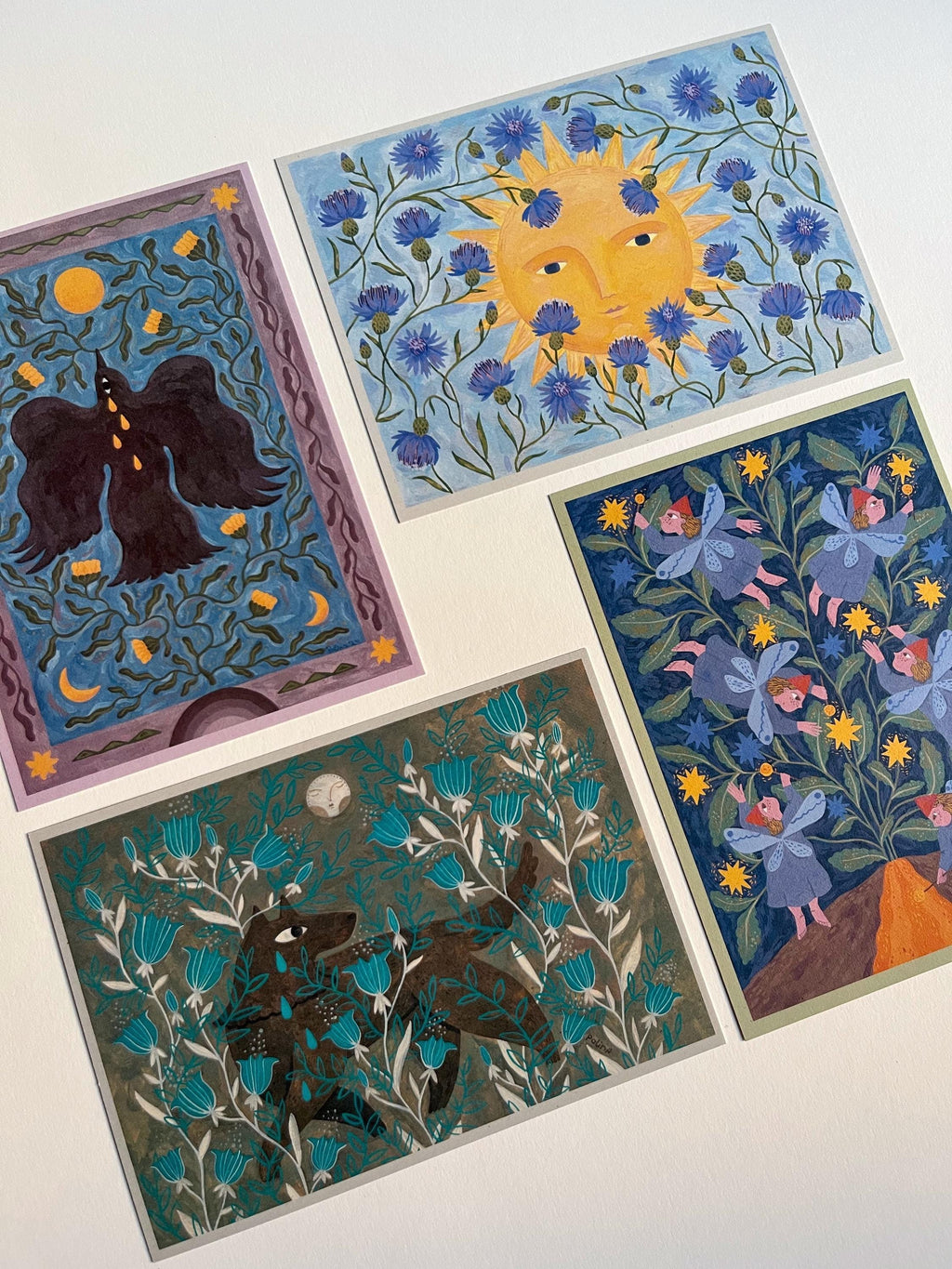 Postcard set. Fairytales and folk art. Gouache painting. Recycling paper