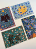 Postcard set. Fairytales and folk art. Gouache painting. Recycling paper