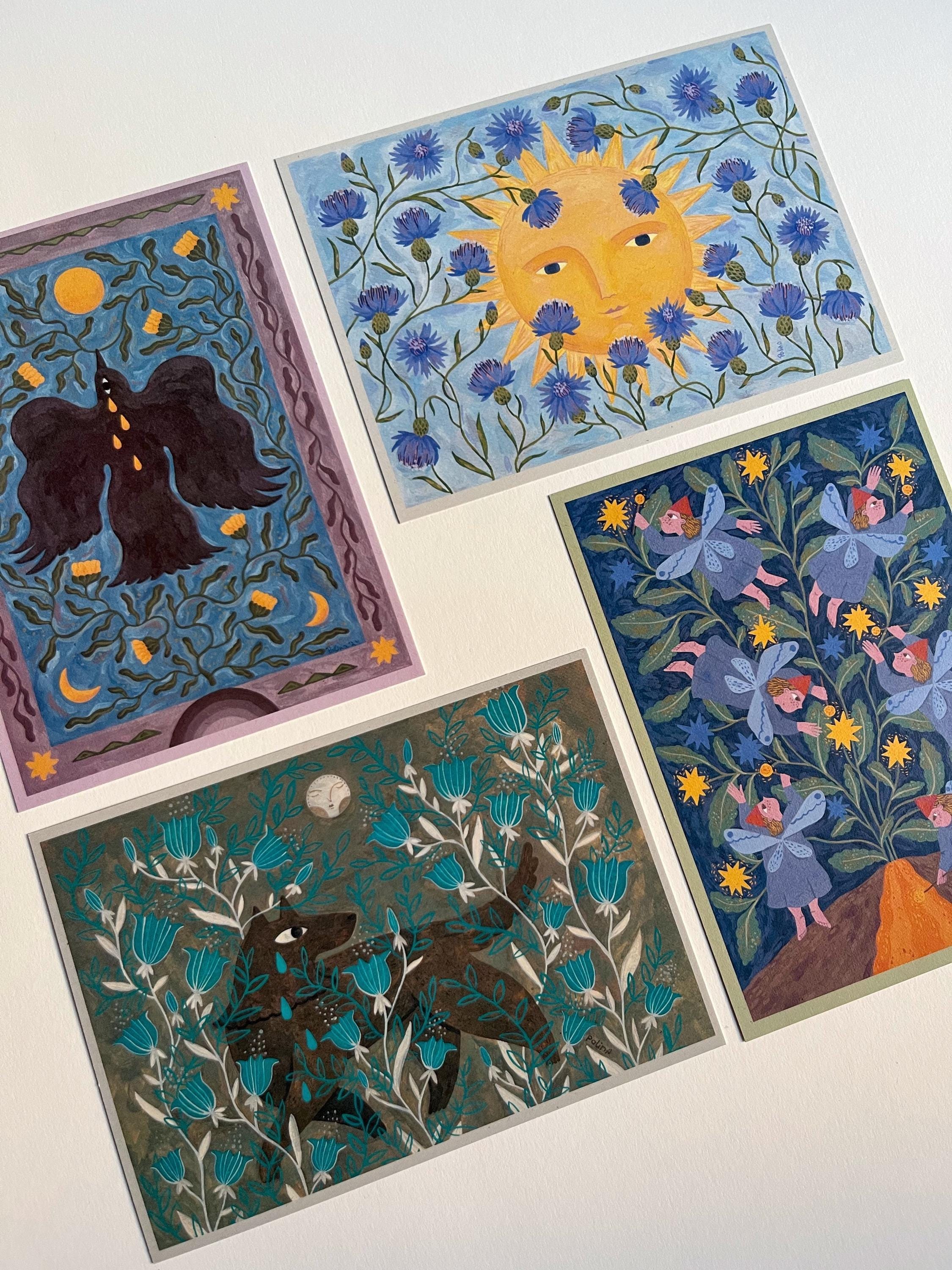 Postcard set. Fairytales and folk art. Gouache painting. Recycling paper