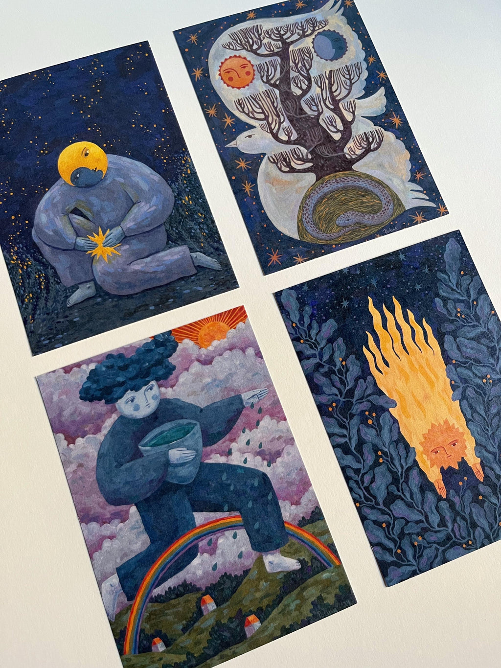 Postcard set. Mythology and folk art. Gouache painting. Recycling paper