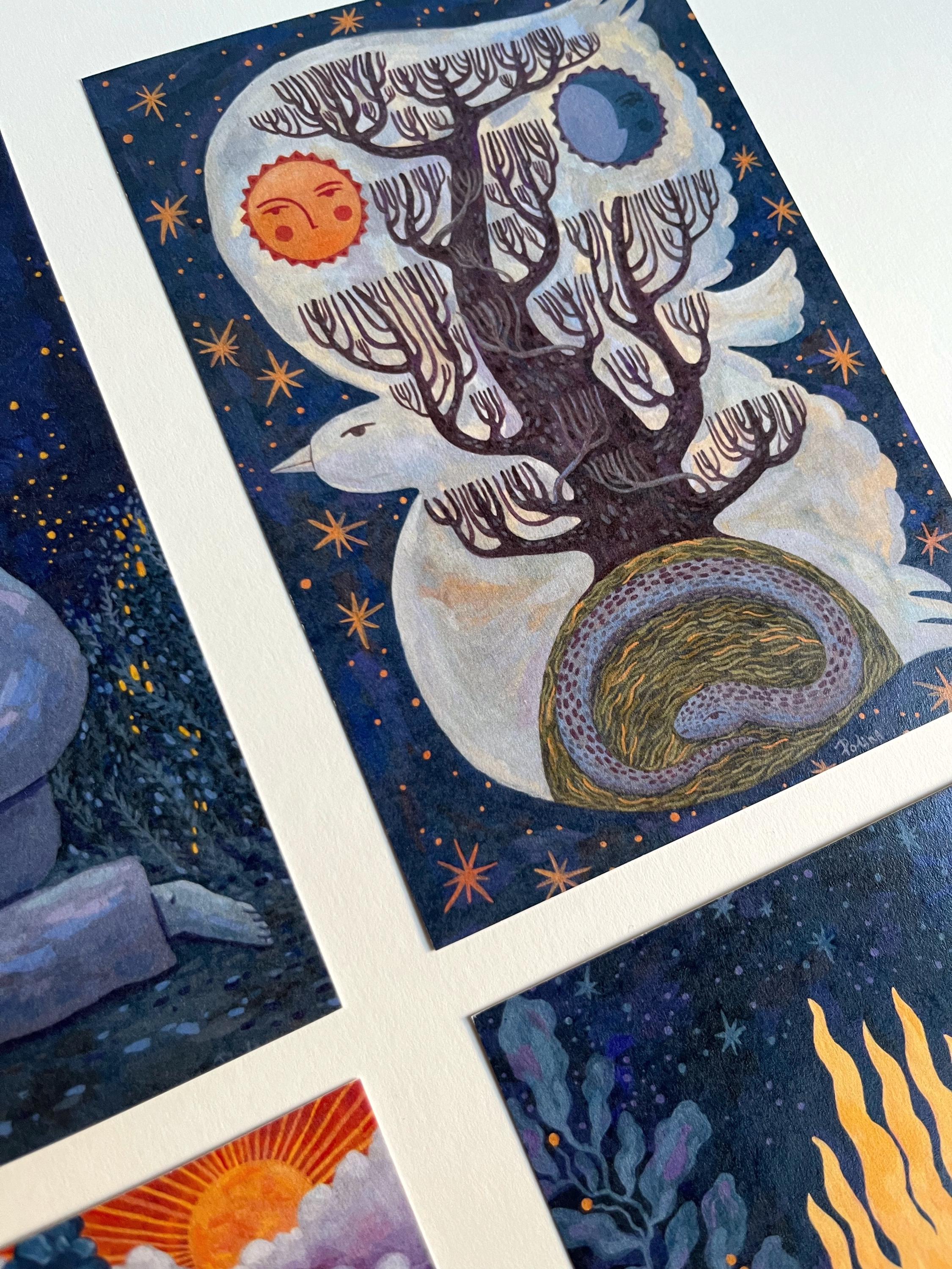 Postcard set. Mythology and folk art. Gouache painting. Recycling paper