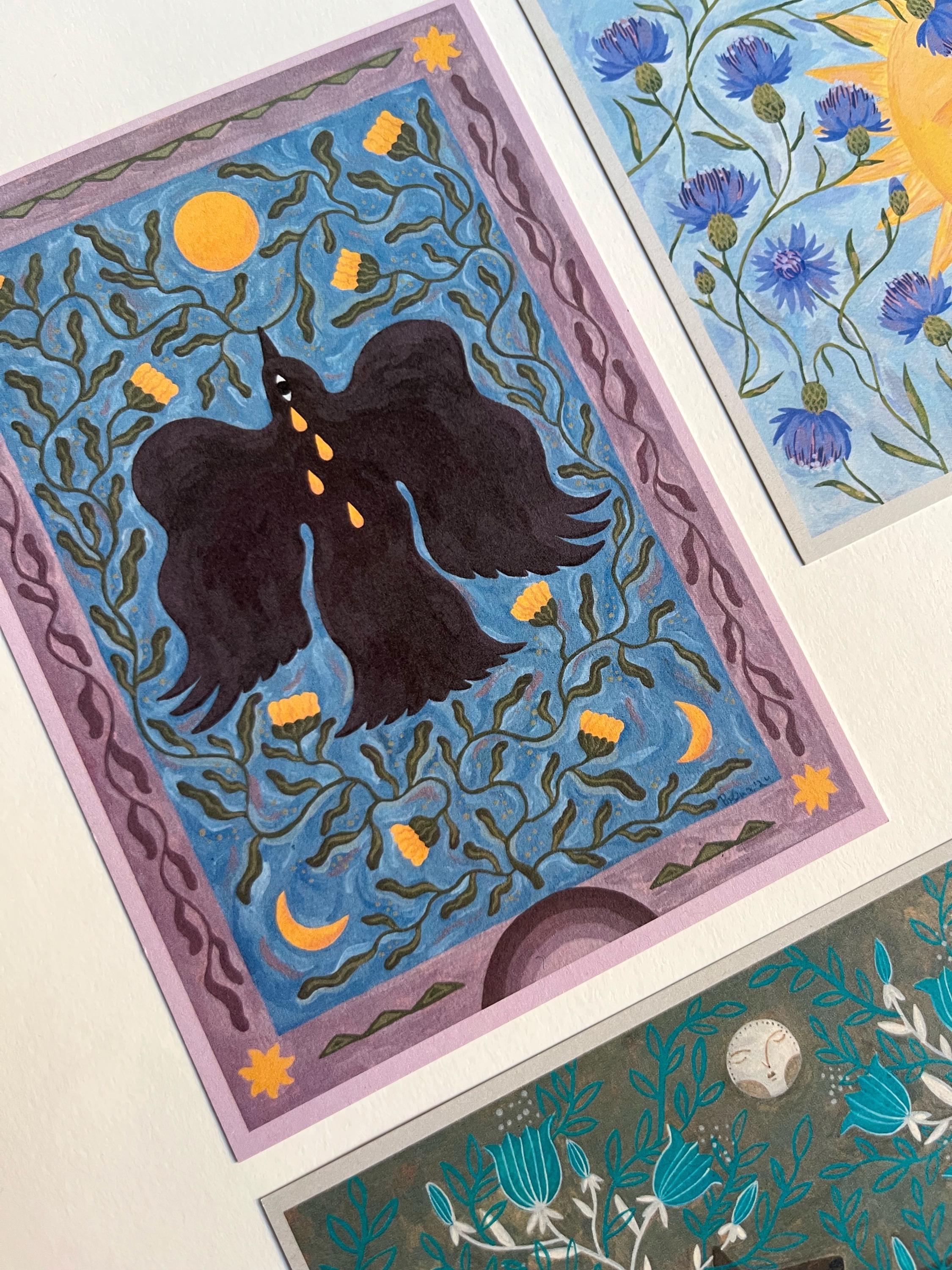 Postcard set. Fairytales and folk art. Gouache painting. Recycling paper