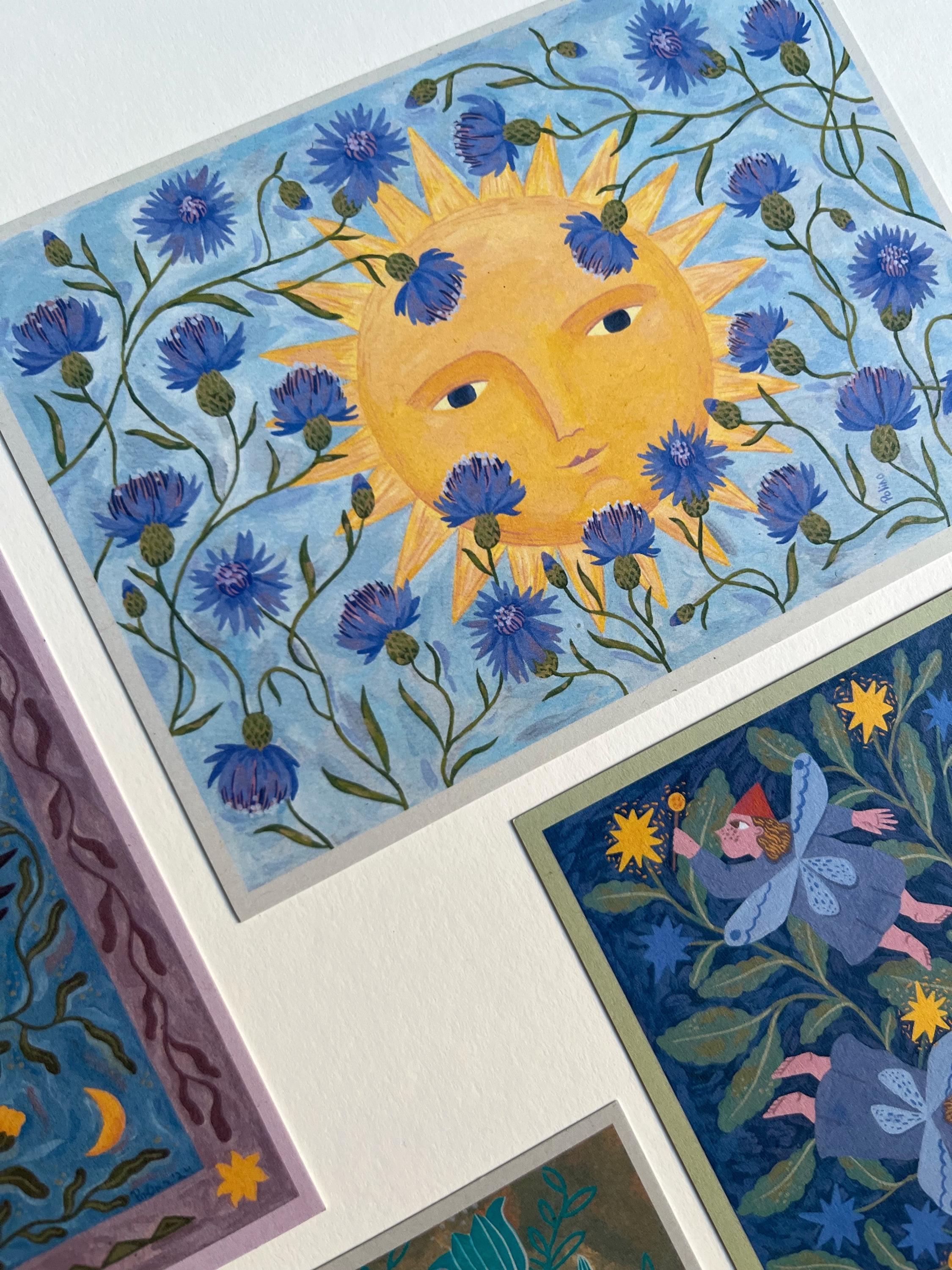 Postcard set. Fairytales and folk art. Gouache painting. Recycling paper
