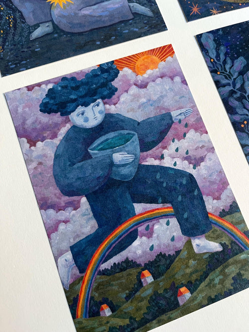 Postcard set. Mythology and folk art. Gouache painting. Recycling paper