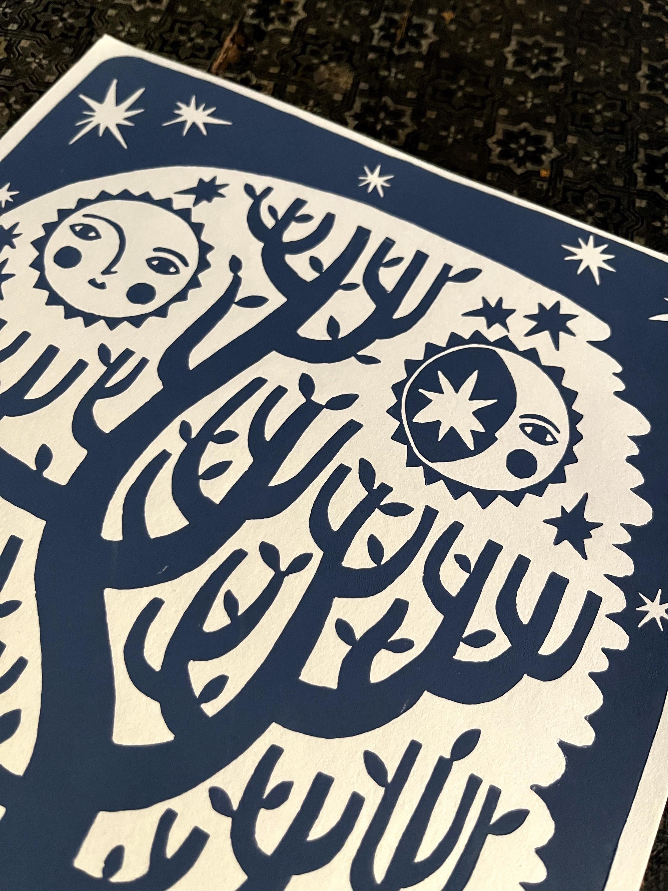 Original hand-printed linocut “Tree of Life”