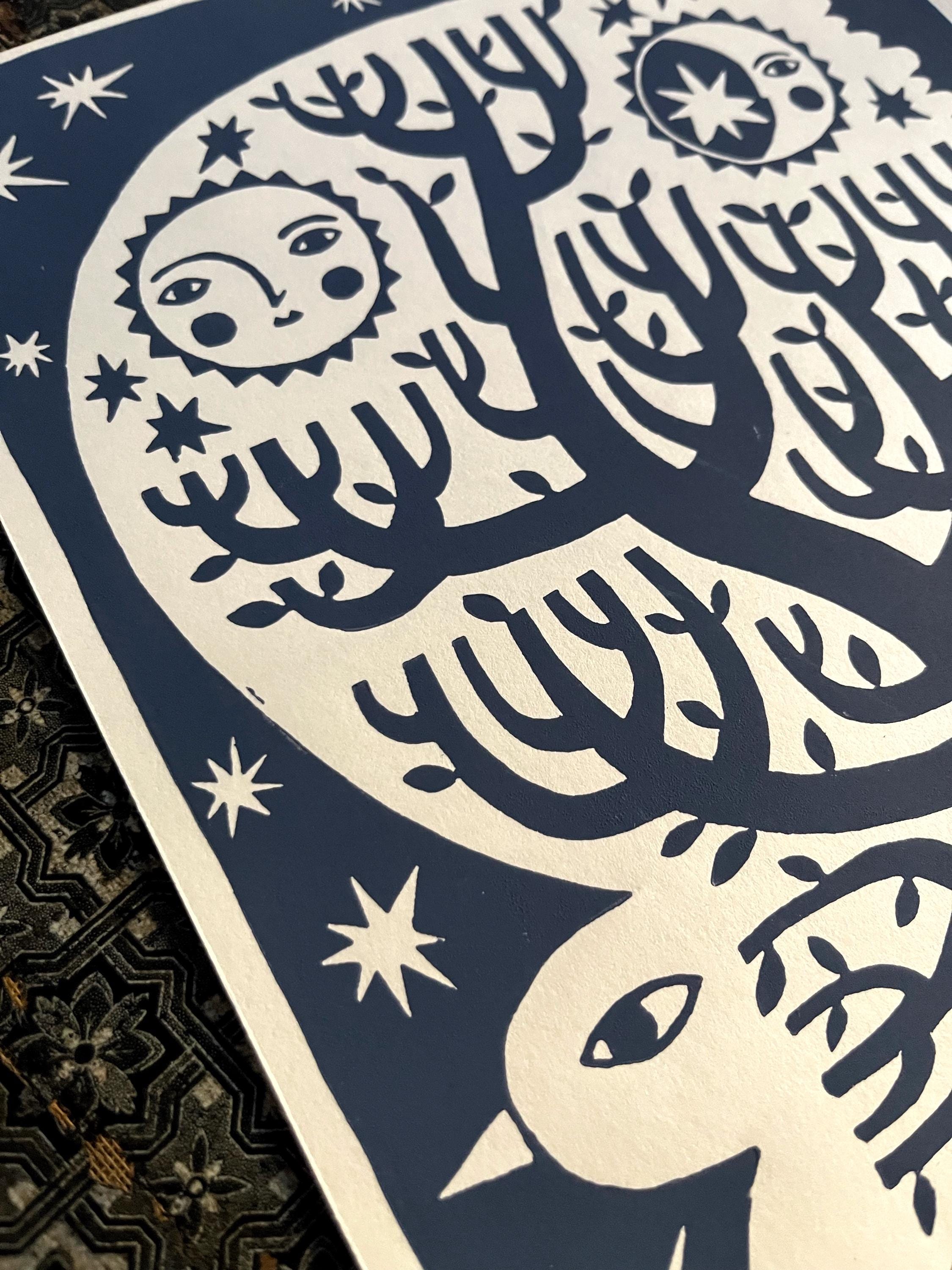 Original hand-printed linocut “Tree of Life”