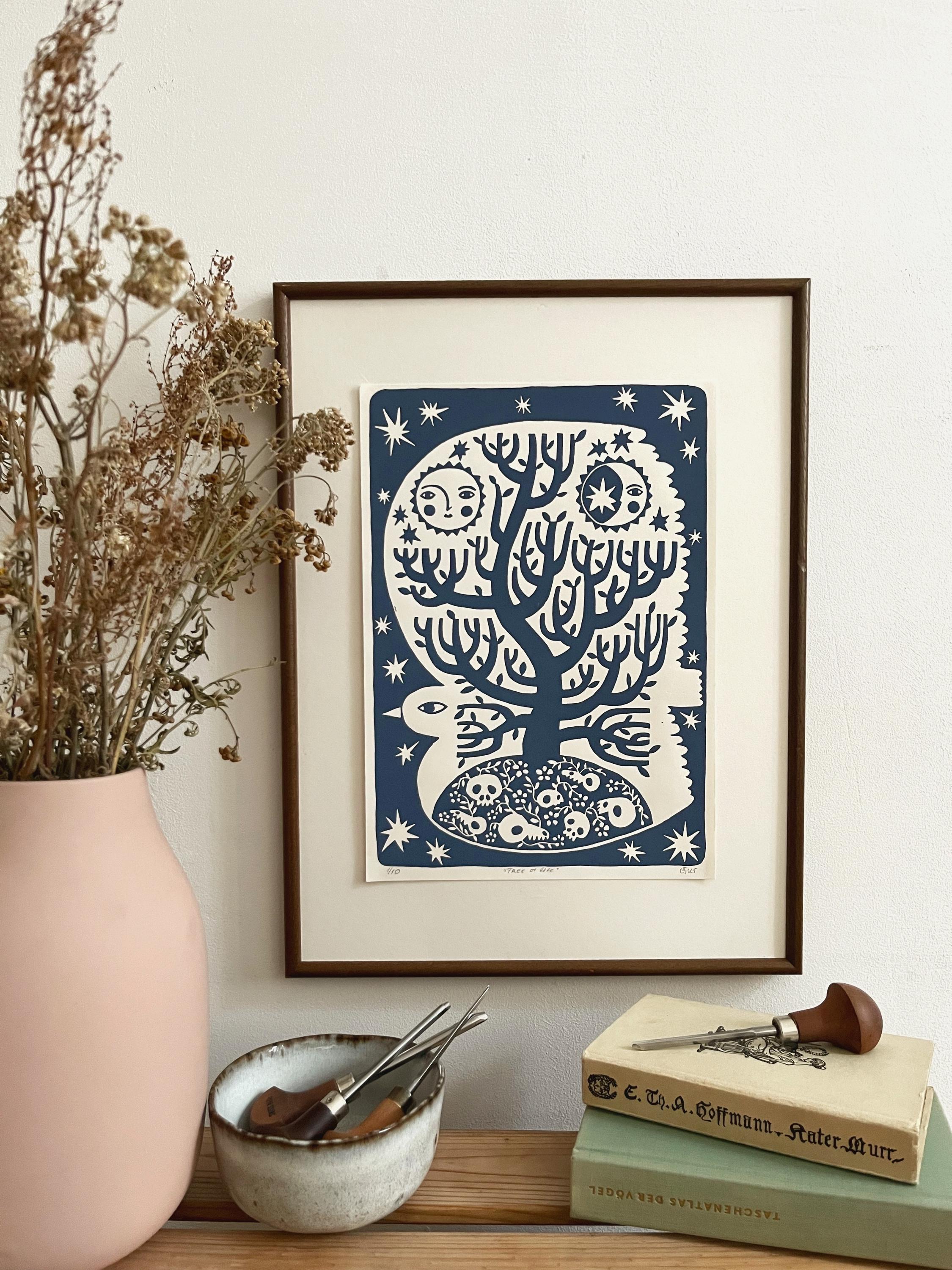 Original hand-printed linocut “Tree of Life”