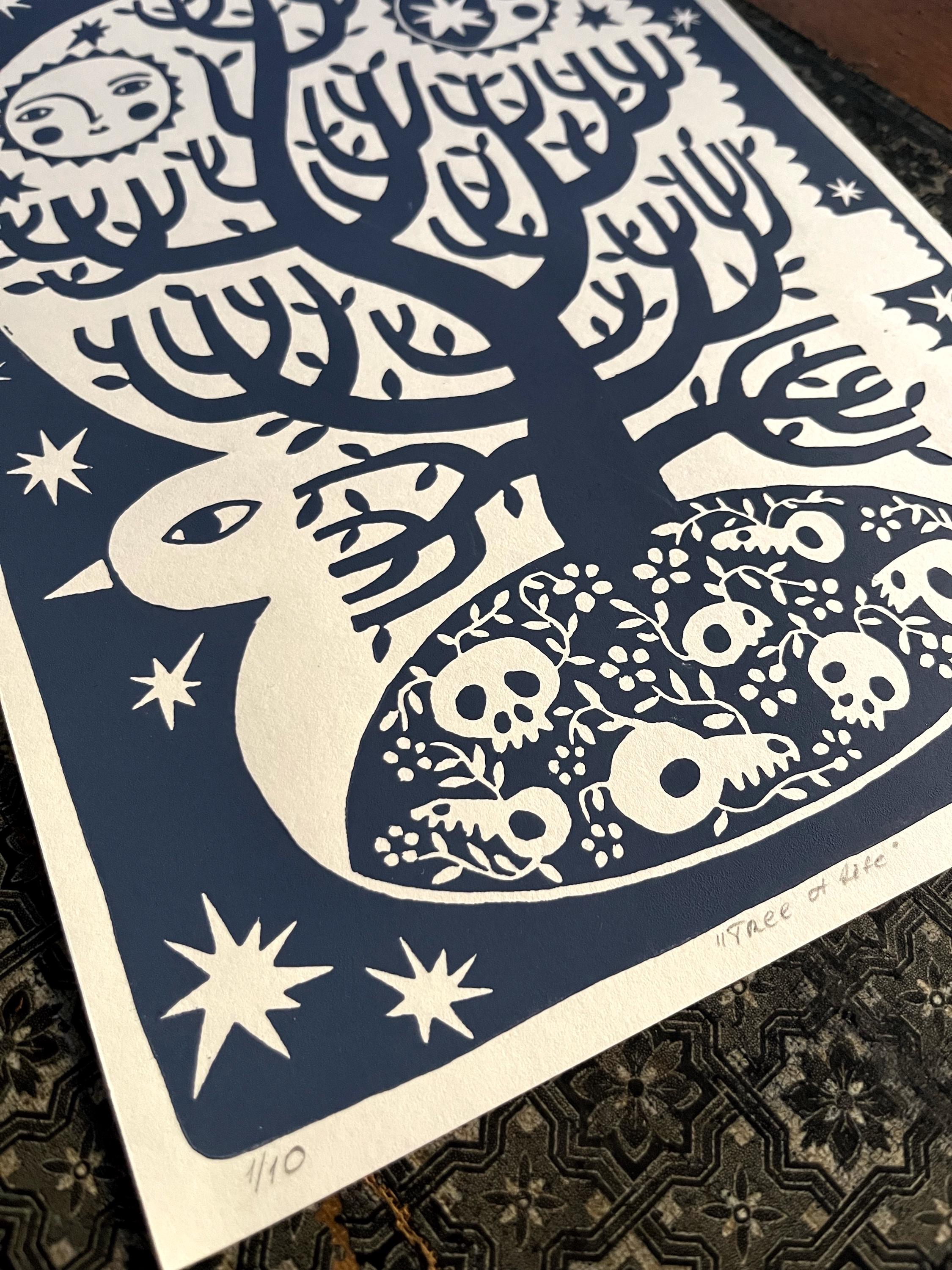 Original hand-printed linocut “Tree of Life”