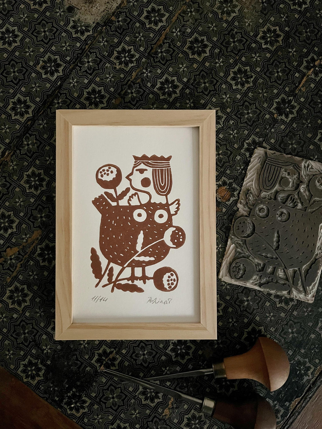 Limited edition hand-carved linocut print “Paradise Bird”