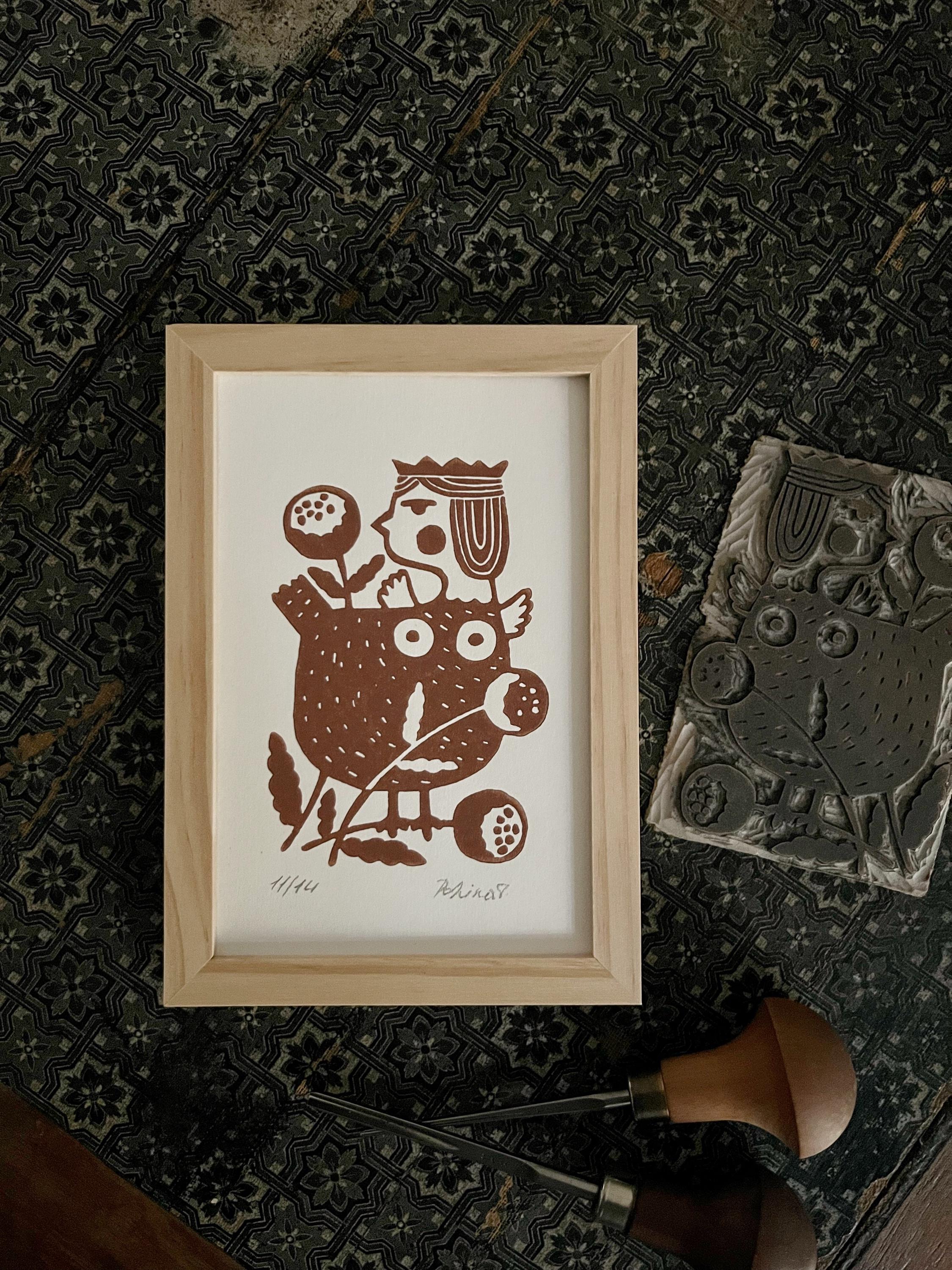 Limited edition hand-carved linocut print “Paradise Bird”