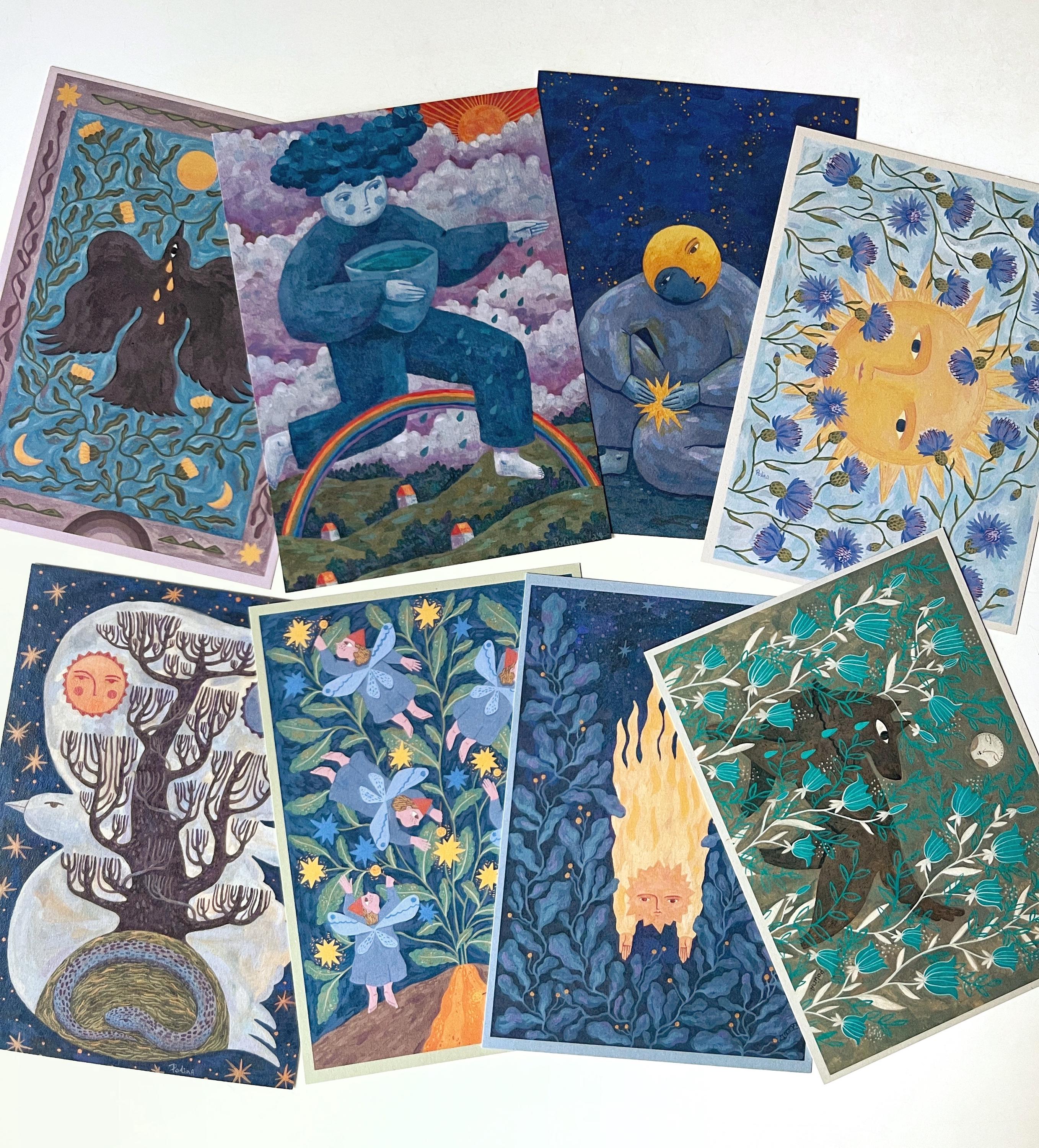 Postcard set. Folklore and mythology. Gouache painting. Recycling paper