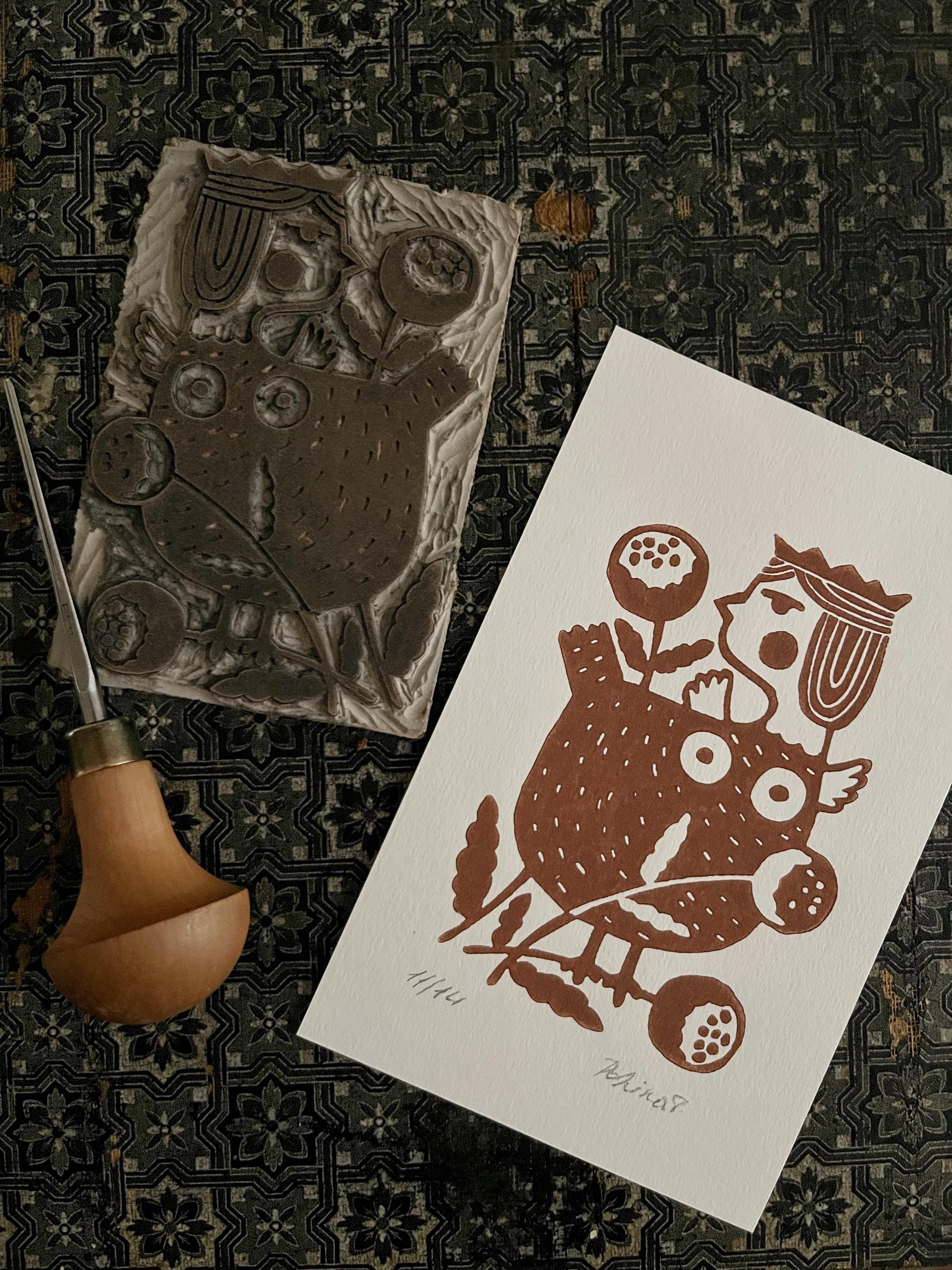 Limited edition hand-carved linocut print “Paradise Bird”