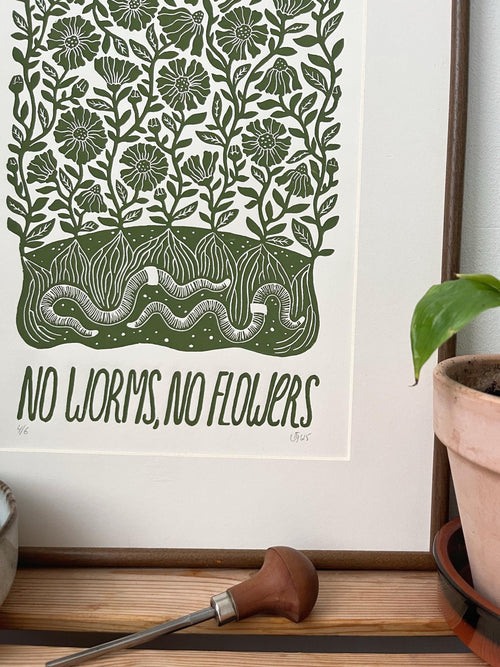 Original hand-printed linocut “No worms, no flowers”