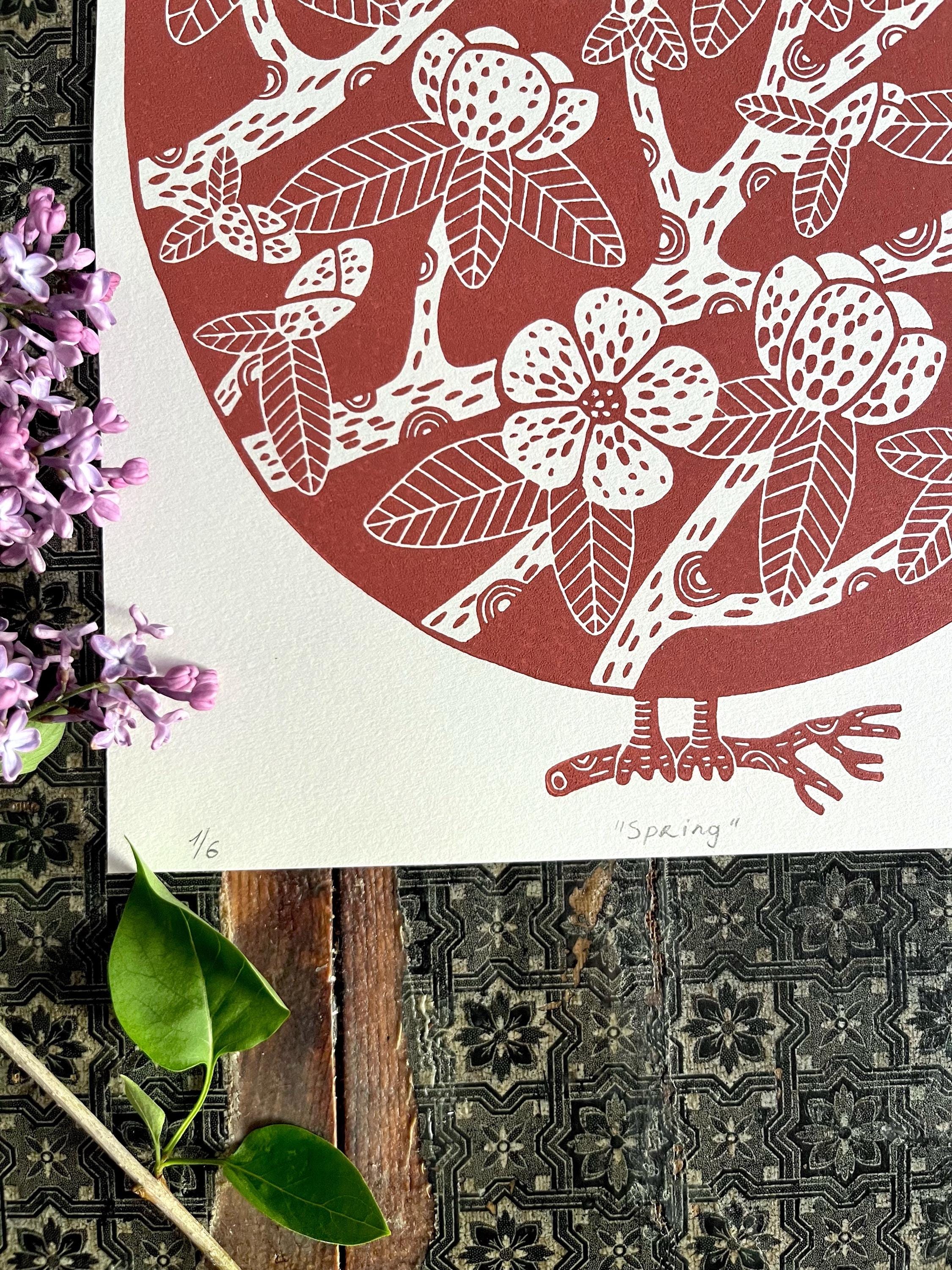Original hand-carved linocut print “Spring”