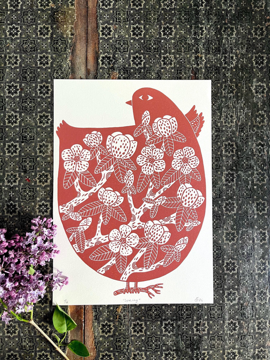 Original hand-carved linocut print “Spring”