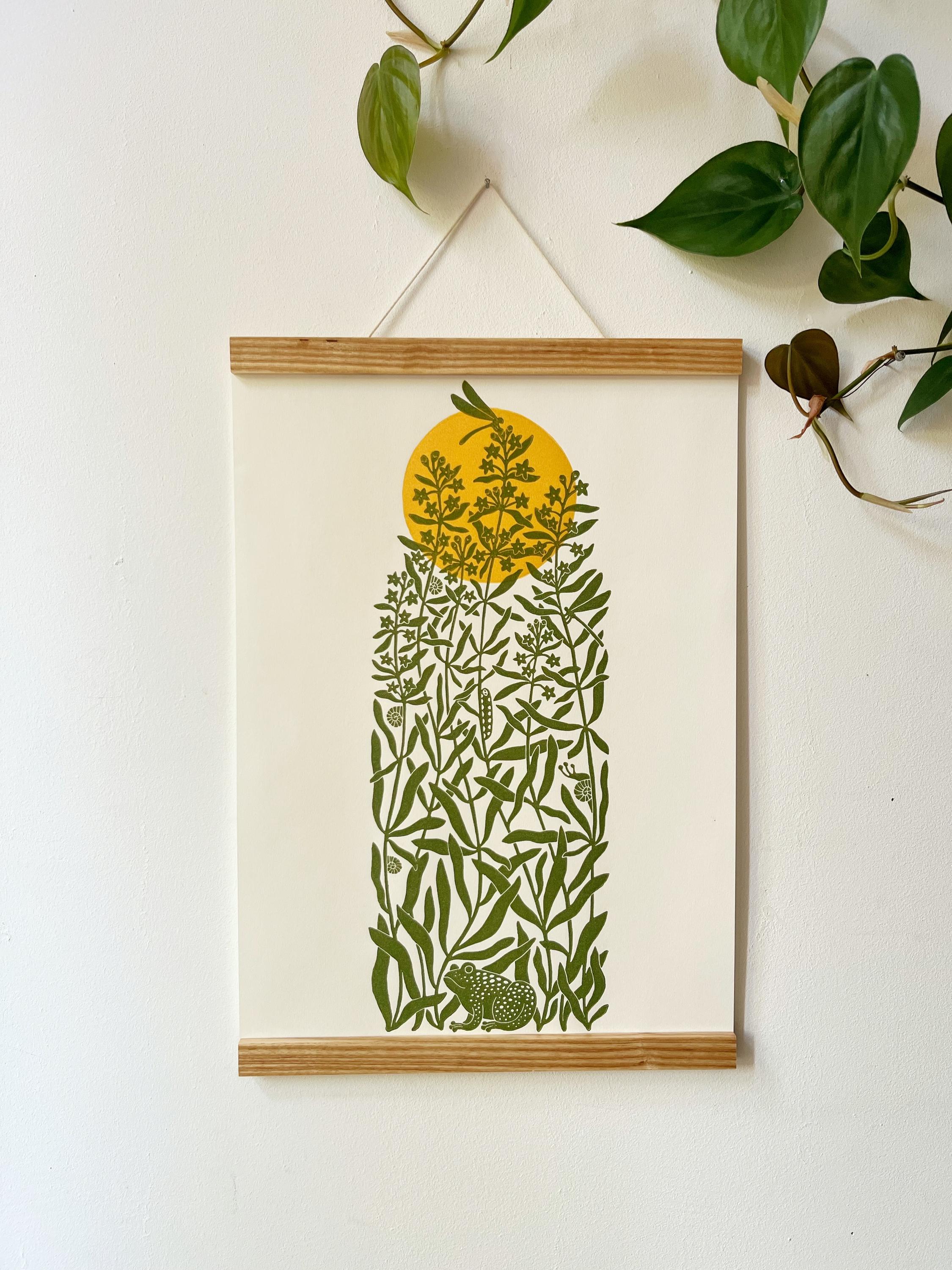 Original multiple-colour linocut print “Sunrise on the lake”