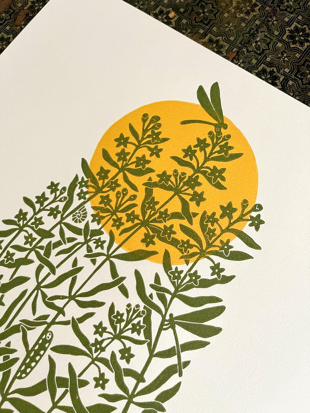 Original multiple-colour linocut print “Sunrise on the lake”