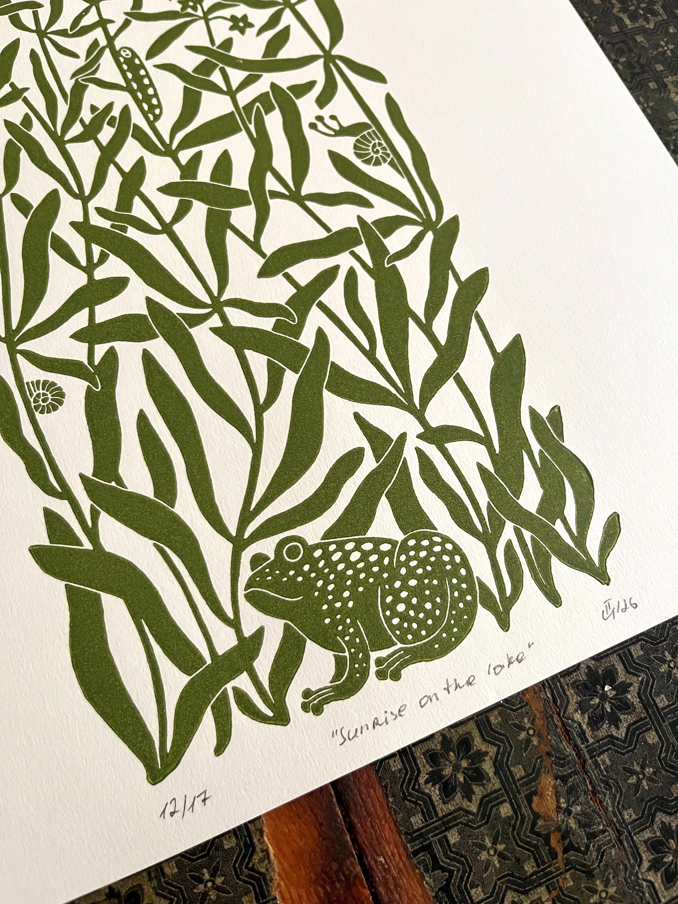 Original multiple-colour linocut print “Sunrise on the lake”