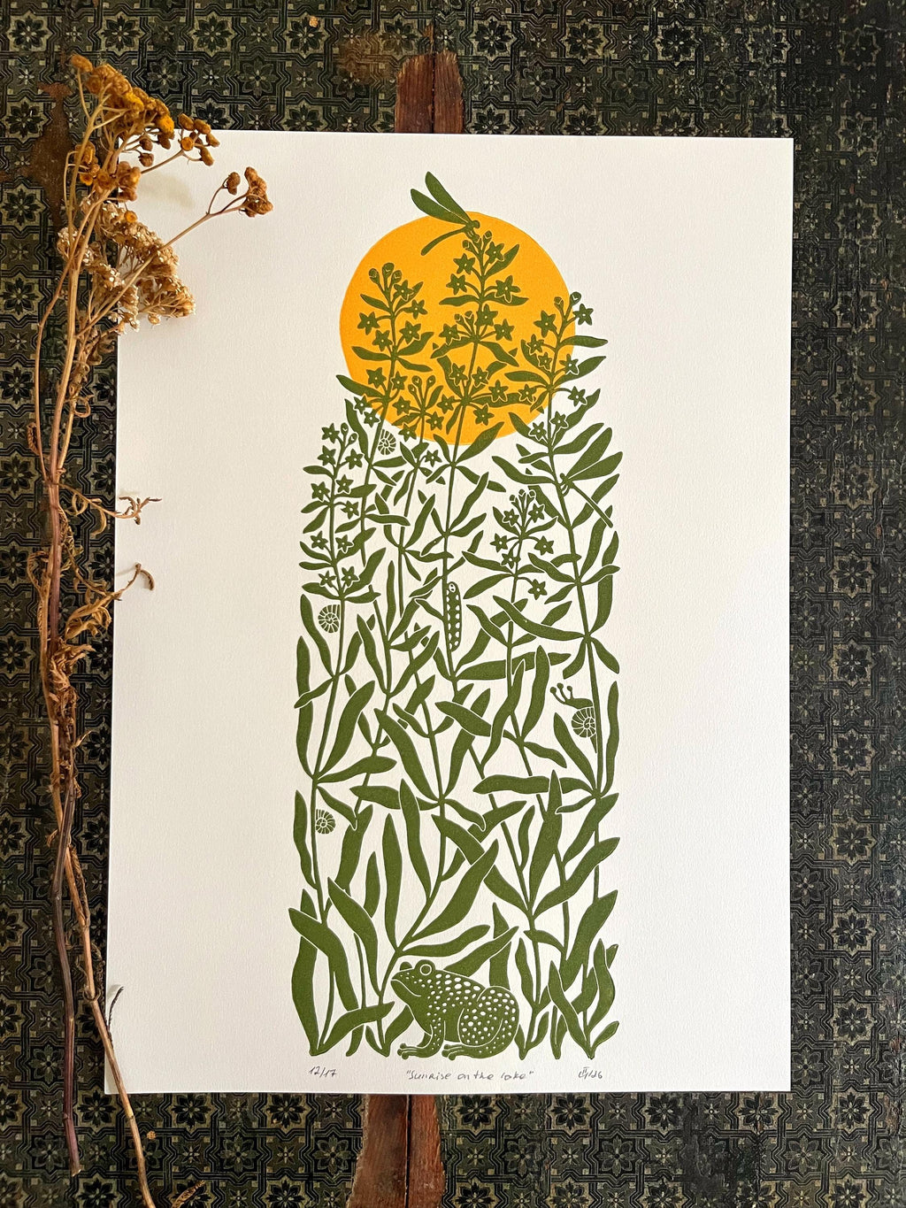 Original multiple-colour linocut print “Sunrise on the lake”