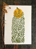 Original multiple-colour linocut print “Sunrise on the lake”